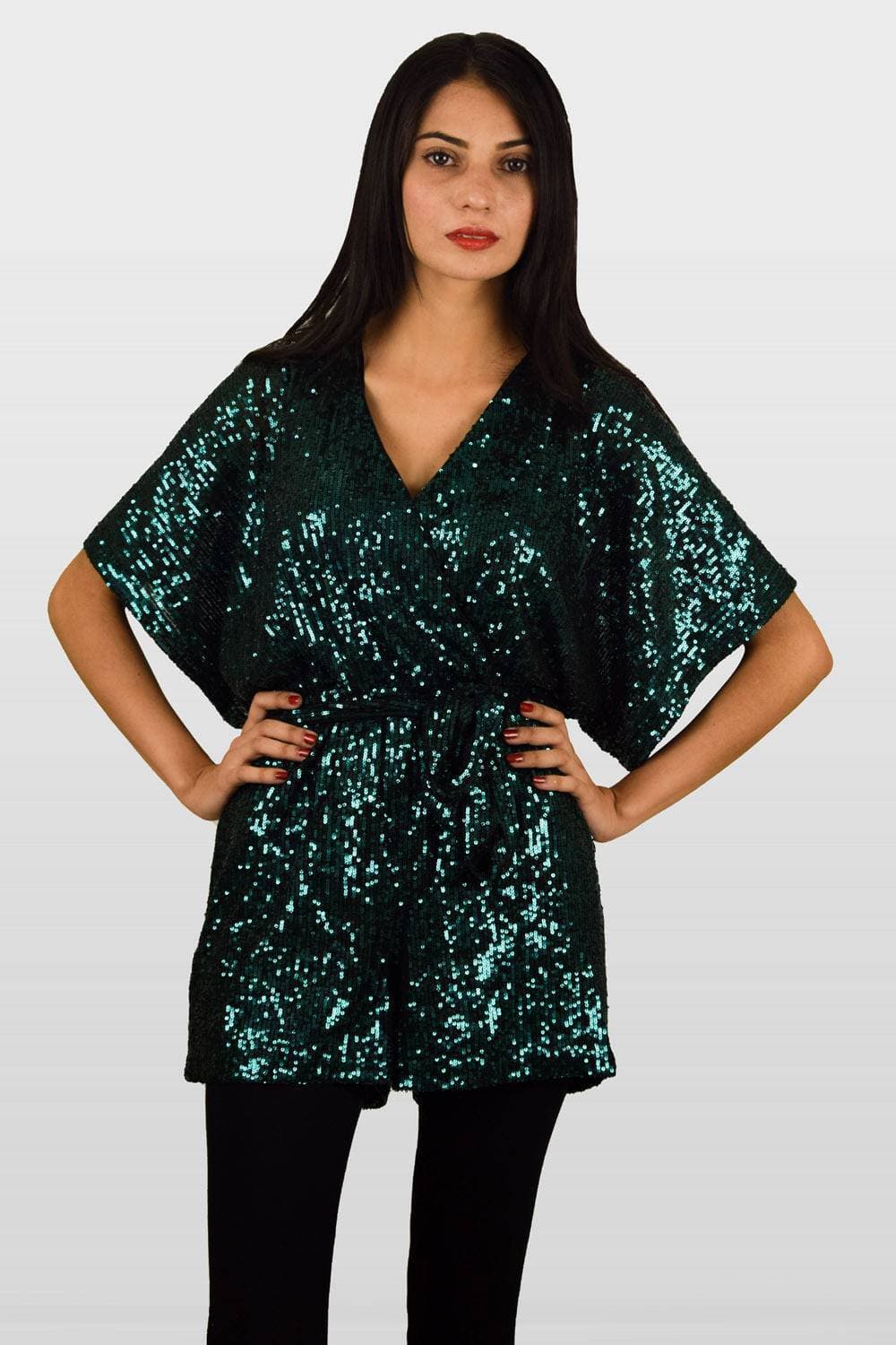 Bottle Green Sequin Wrap Tie Belt Playsuit - high quality