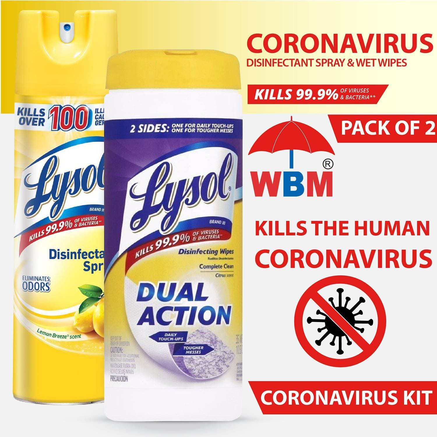 Lysol Disinfectant Spray (538g) & Lysol Wipes (35 Wipes)- By WBM | Kills 99.9% of Viruses