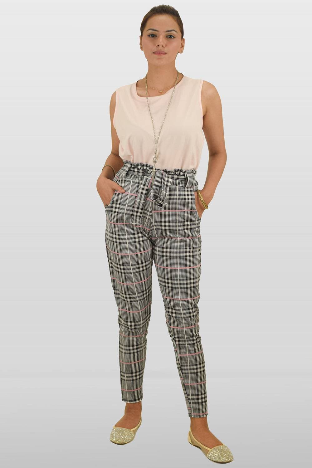 Black White And Pink Paper Bag Trousers 100% original product