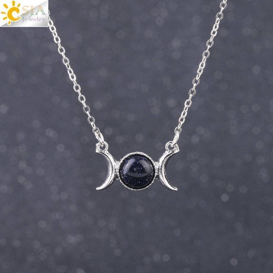 Vintage Crescent Clavicle Necklace Moon Sun Pendants Silver Color Choker Natural Stone Short Necklaces for Women Girls - Black