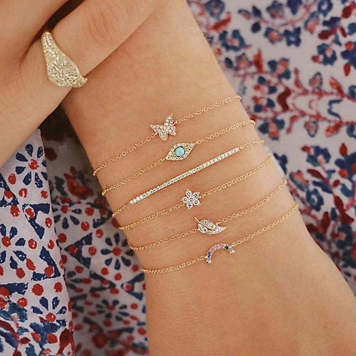 Golden Bracelet Set Jewelry Alloy Inlaid Color Rhinestone Butterfly Flower Bracelet for Women