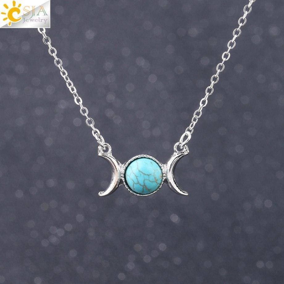 Vintage Crescent Clavicle Necklace Moon Sun Pendants Silver Color Choker Natural Stone Short Necklaces for Women Girls - Blue Color