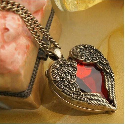 Vintage Wing Red Gem Heart Pendant