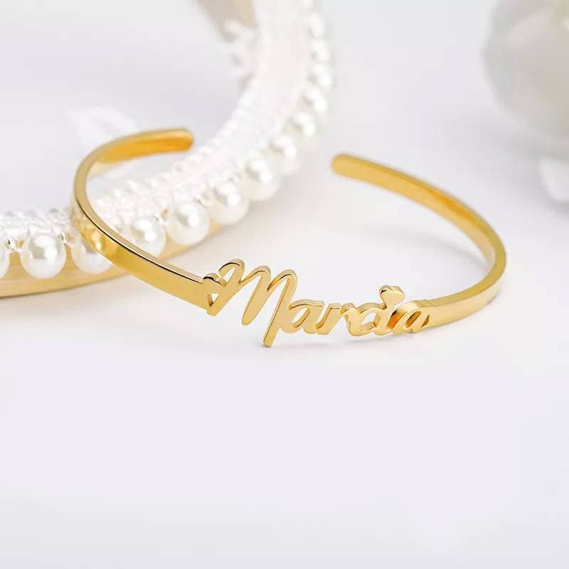 Custom Name/Double Heart Design Made 24k Gold Plated Name Bangle Gift Item