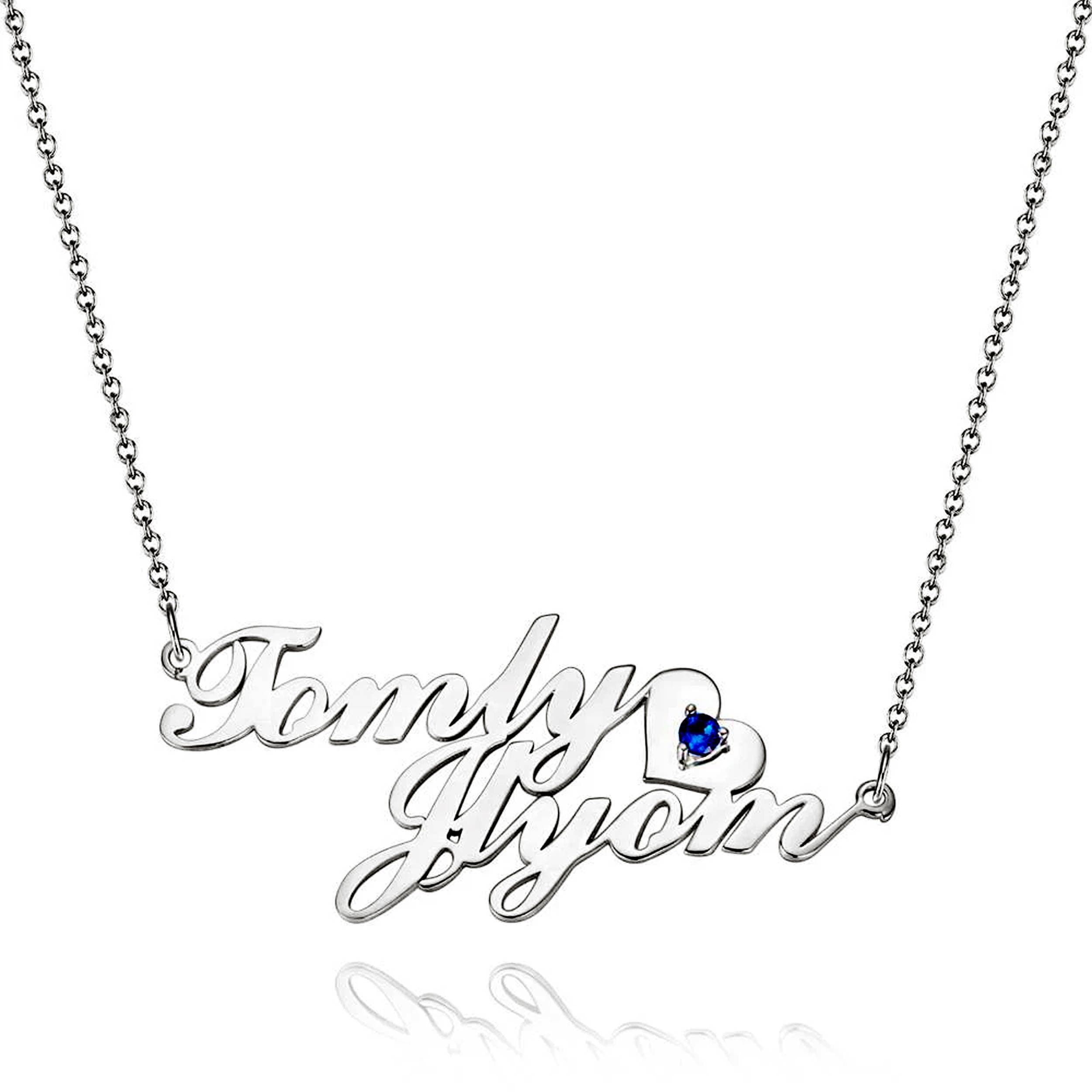 Sterling Silver 925 Double Name Necklace with Gem Stone