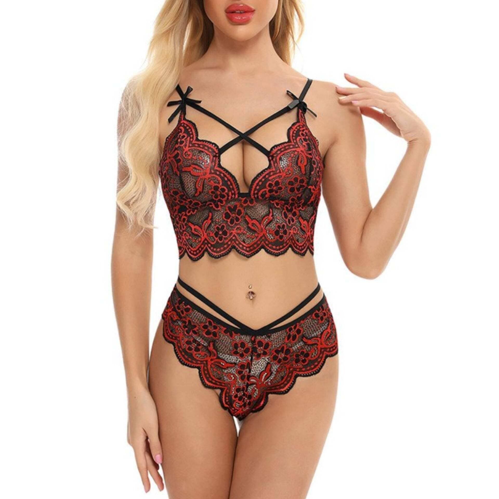 Floral Cami Top With Lace Trim Satin Shorts Sexy Lingerie Set - Red