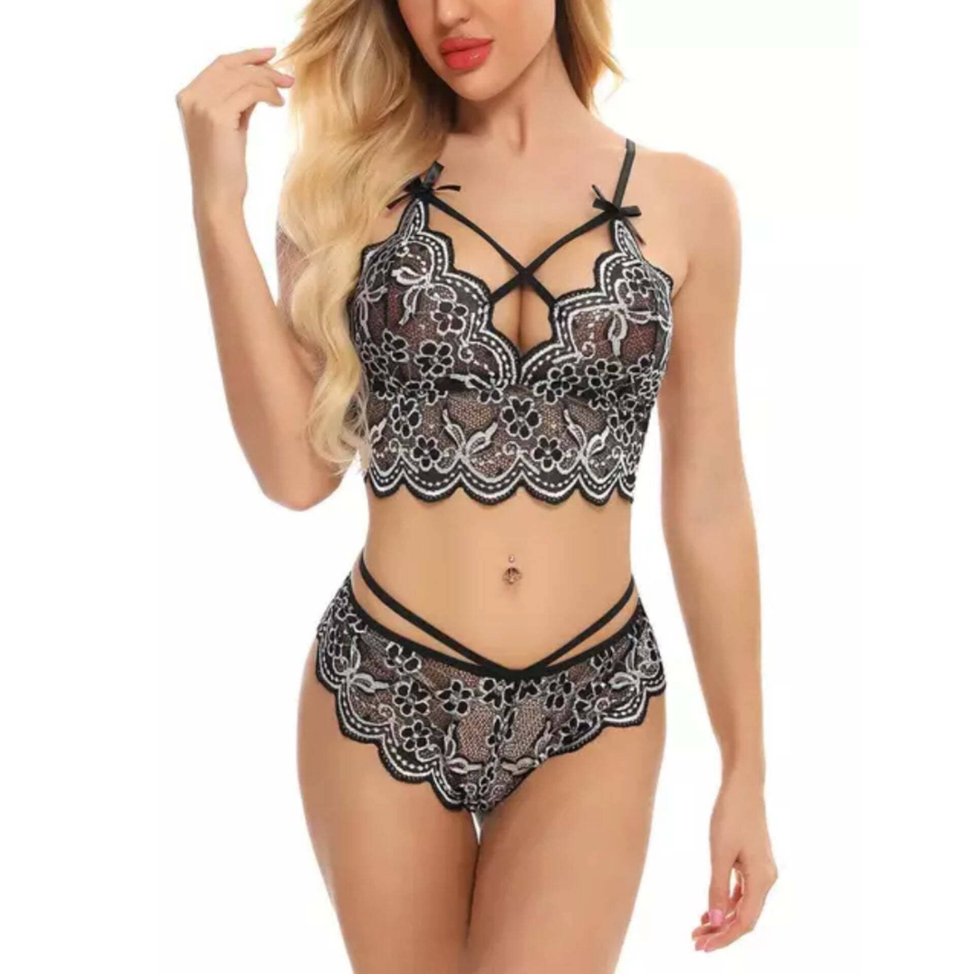 Floral Cami Top With Lace Trim Satin Shorts Sexy Lingerie Set - Black