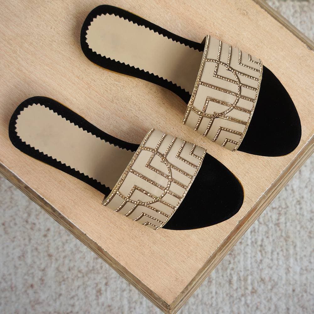 Leather & Velvet Flat for Girls - Skin & Black