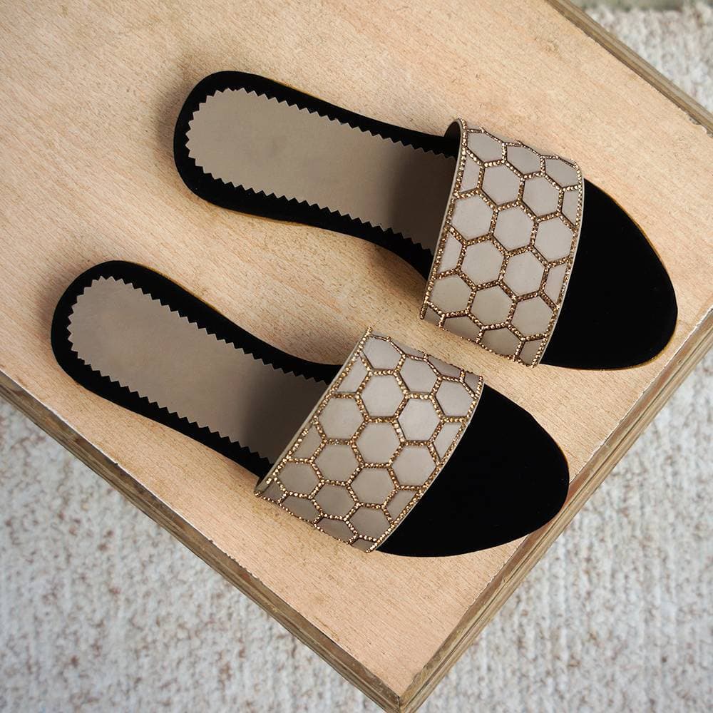 Leather & Velvet Flat for Girls - Grey