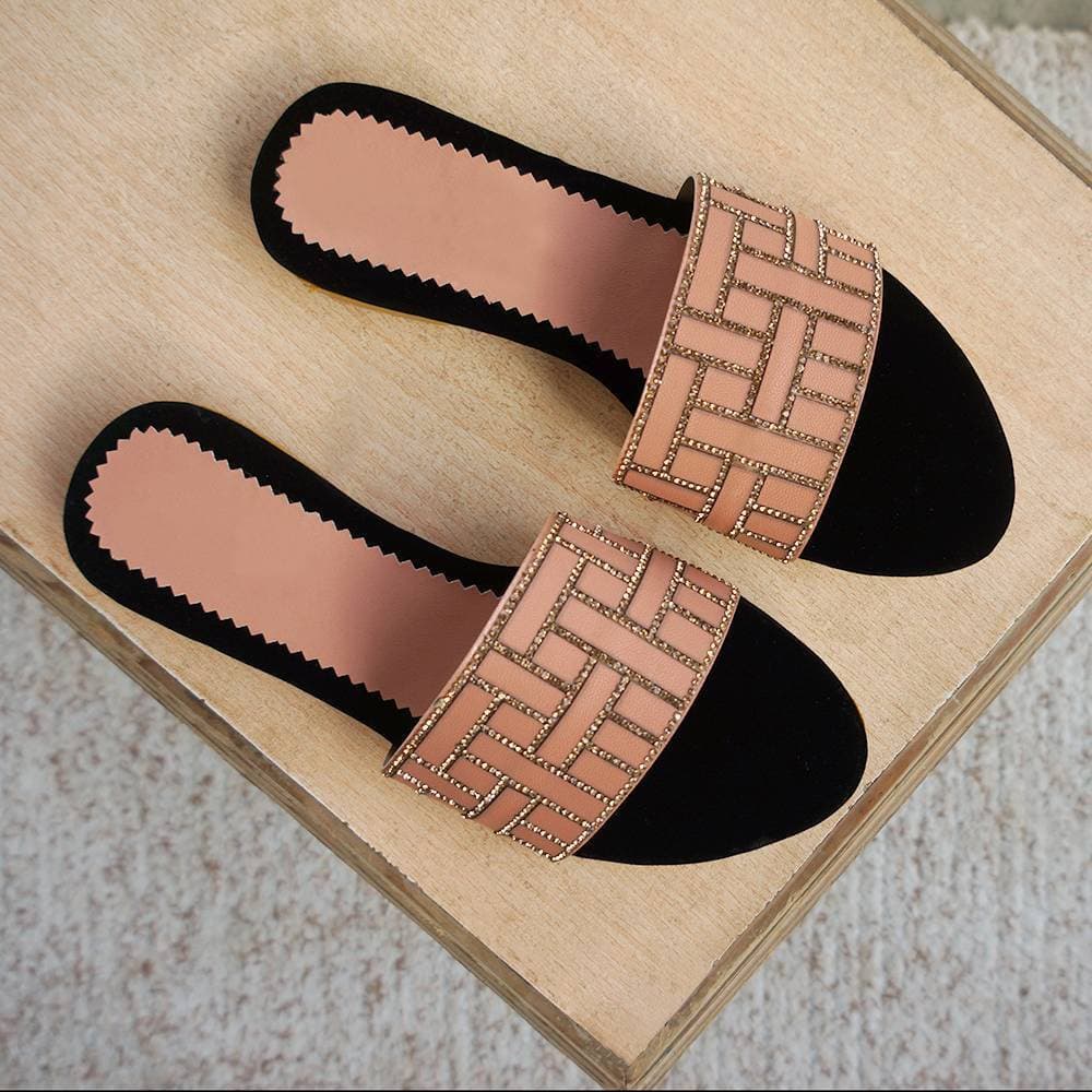 Leather & Velvet Flat for Girls - Peach & Black