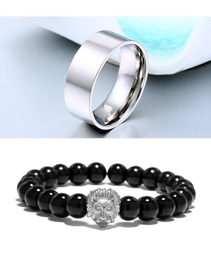 Silver Titanium Ring & Beeds Bracalets For Men
