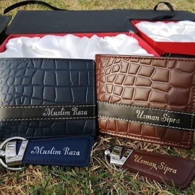 Genuine Leather Name Wallet & Keychain Set