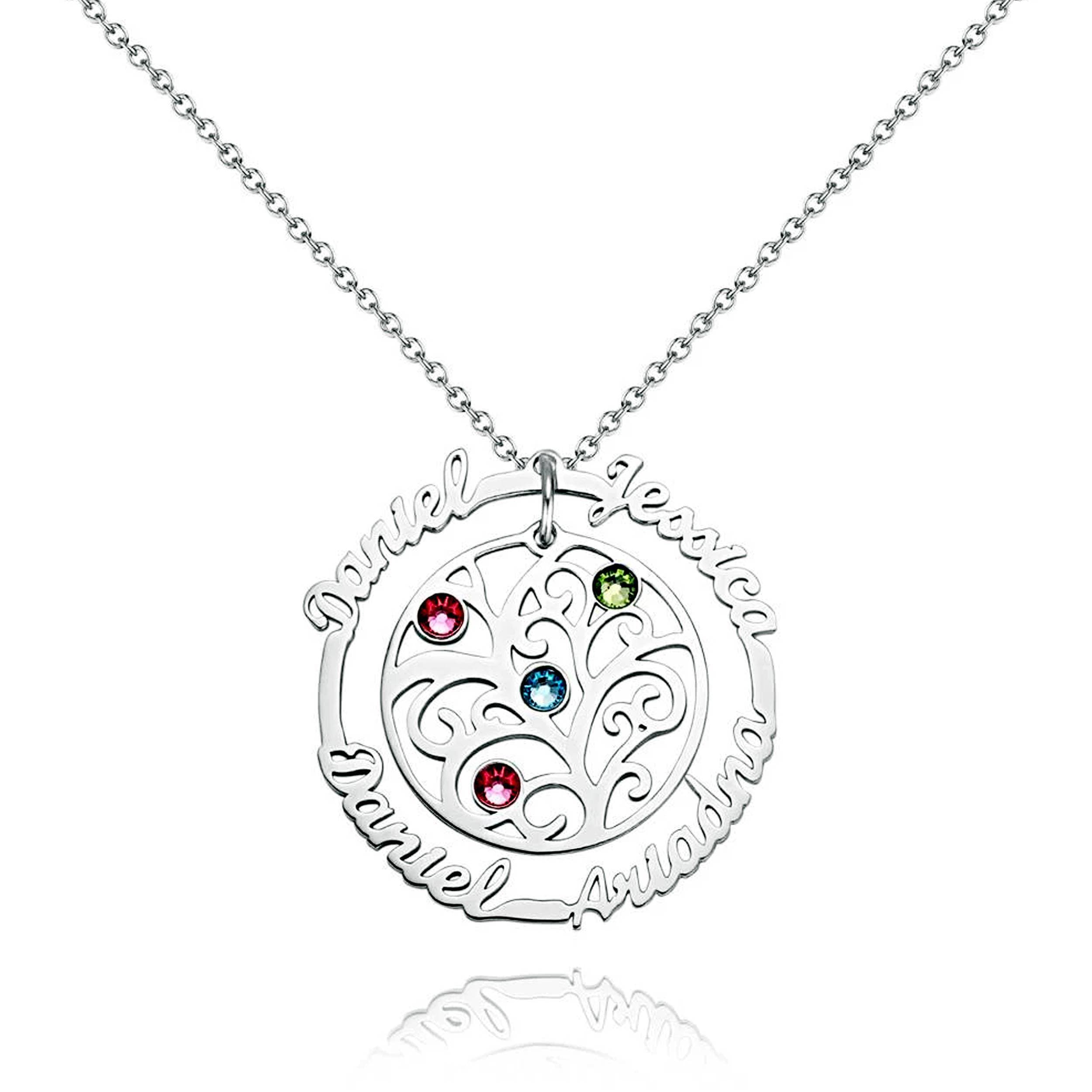 Sterling Silver 925 Family Tree Round Shape Necklace with Gem Stones