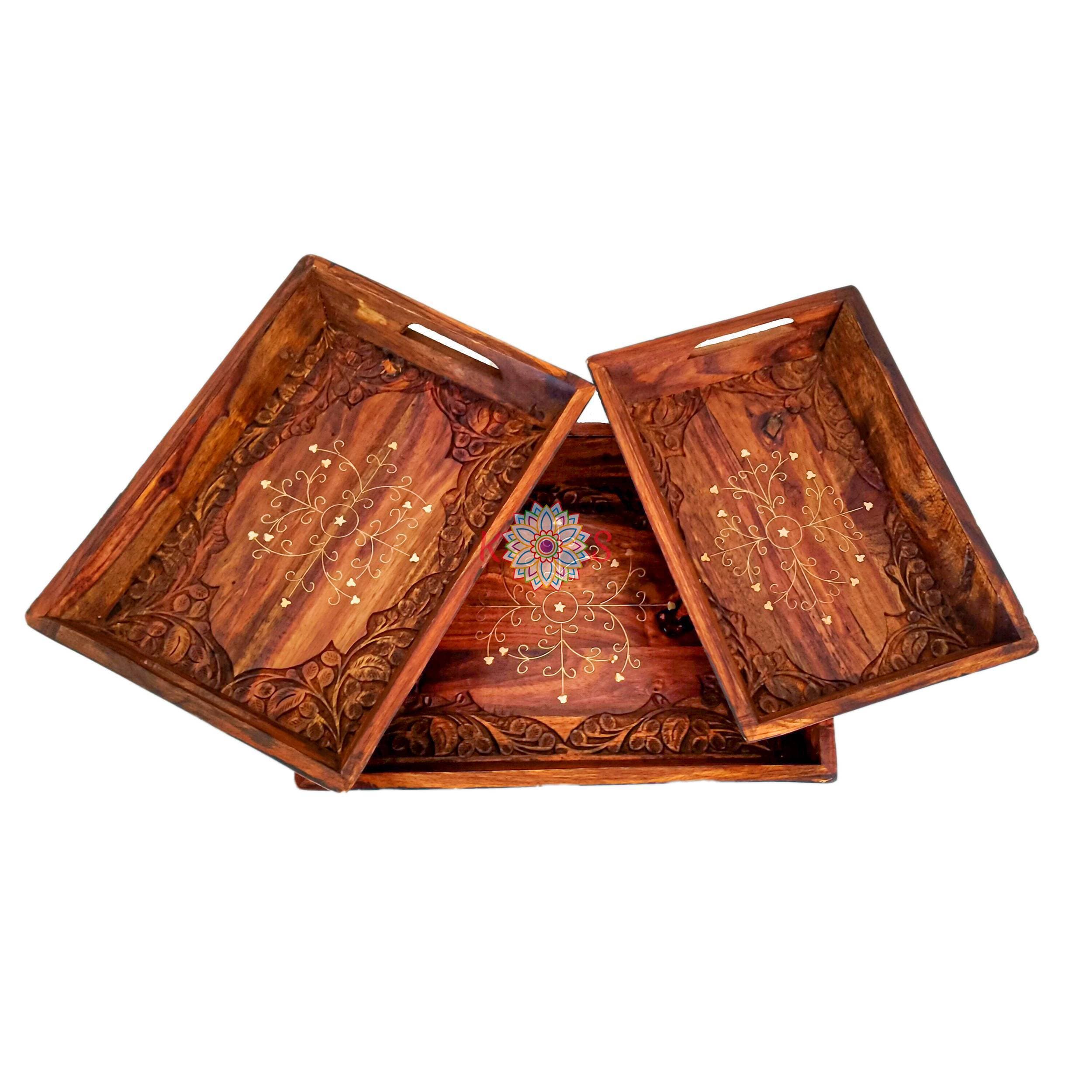 Serving Tray Set Of 3 Trays With Beautiful Hand Carvingt