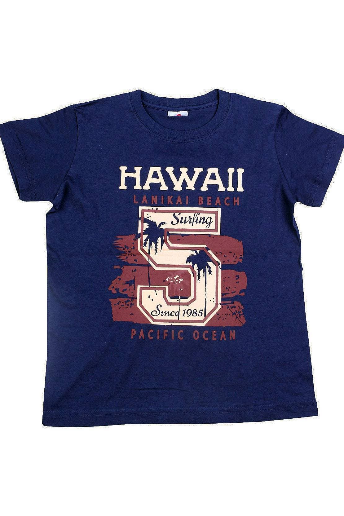 Hawaii Cotton Fabric Round Neck T-Shirt - Dark Blue