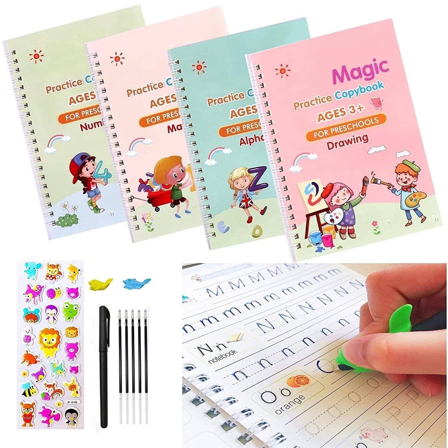 Sky-Touch Sank Magic Practice Copybook Set: 4 Books With Magic Pen