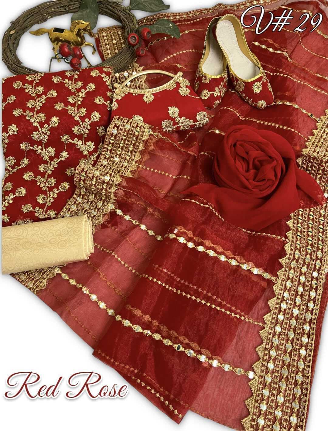 Party Wear 5 PCS Pack With Khussa And Clutch For Women - Red Rose