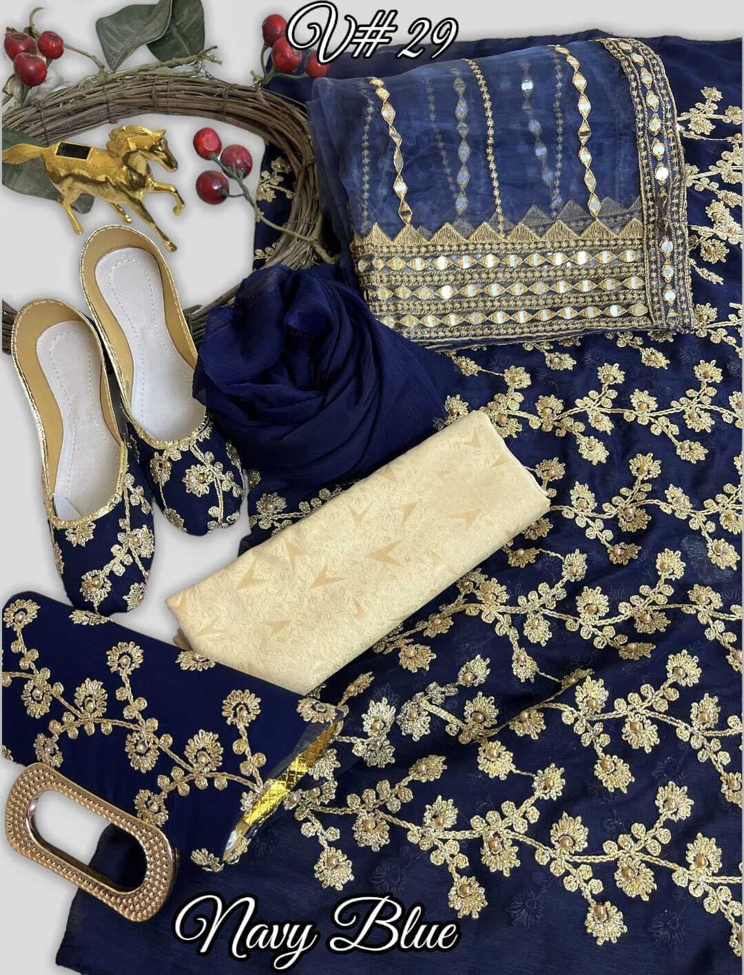 Party Wear 5 PCS Pack With Khussa And Clutch For Women - Navy Blue