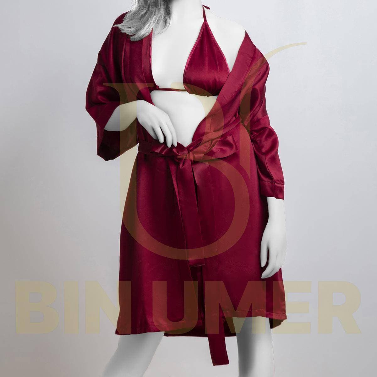 Bin Umer 3 PCS Western Bridal Honeymoon Nighty set For Women - Maroon