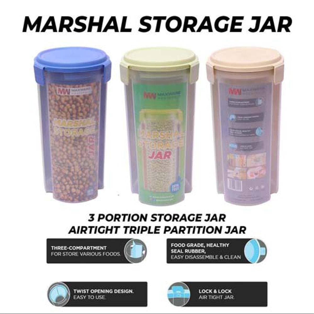 3 Partition Food Grade Pure Plastic Marshal Air Tight Storage Jar 1Pcs