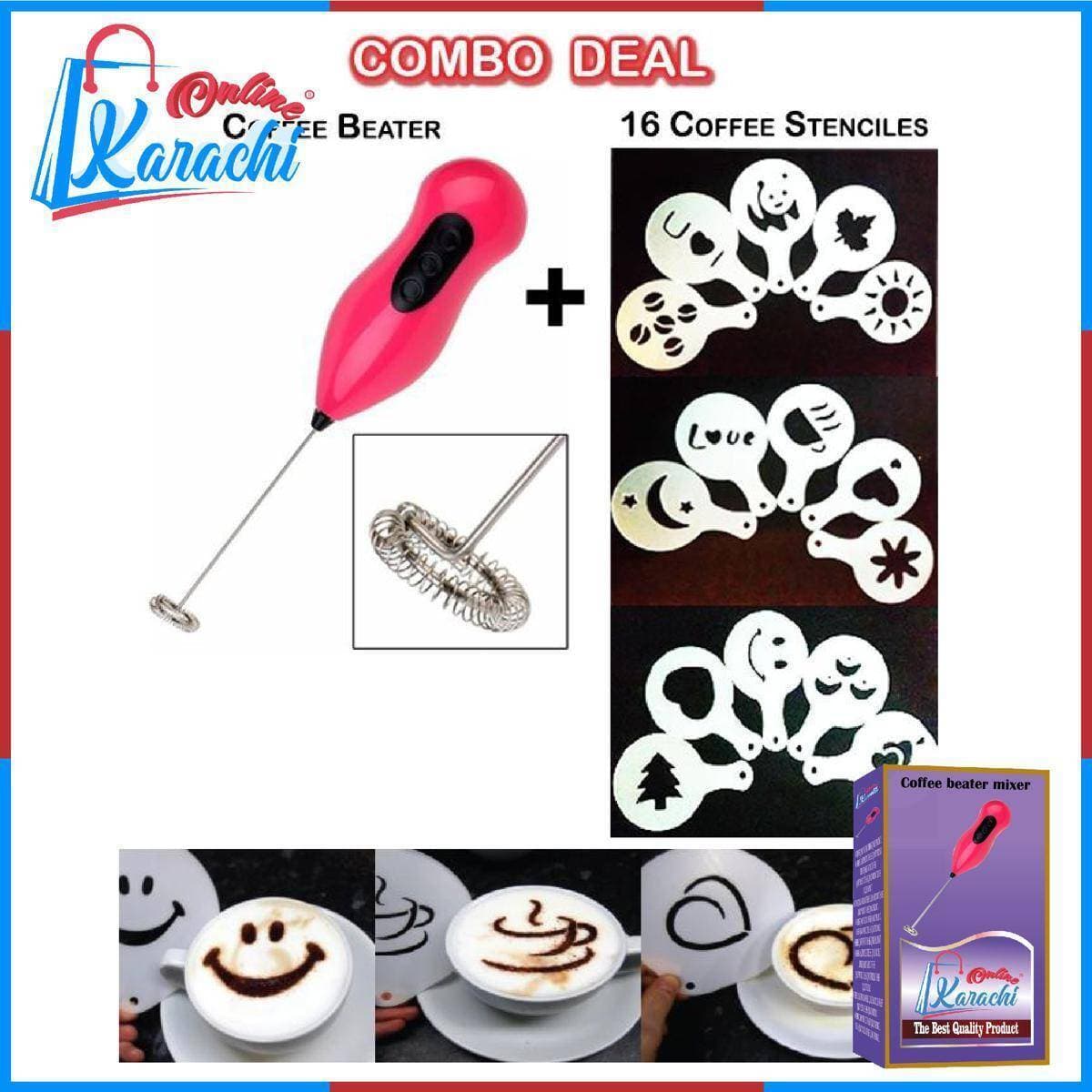 Coffee Beater With Stencils Handheld Coffee Beater Mixer & Whisker With 12 Pcs