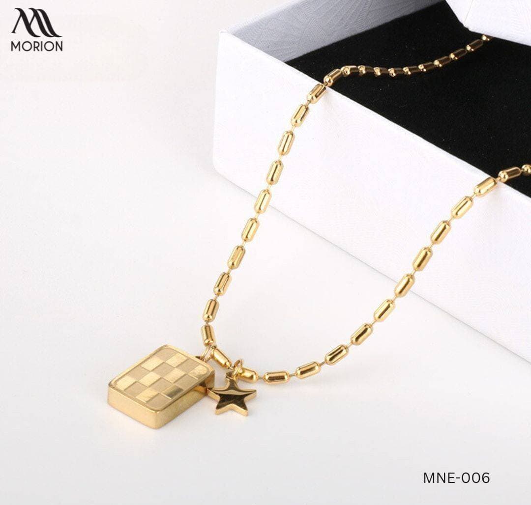 18K Gold Plated Checkered Pendant Necklace For Women MNE-006