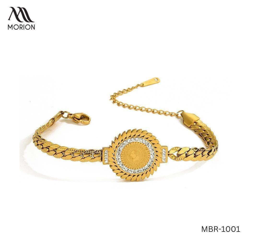 Stainless Steel Gold Plated Round Portrait Charm Bracelet For Women MBR-1001