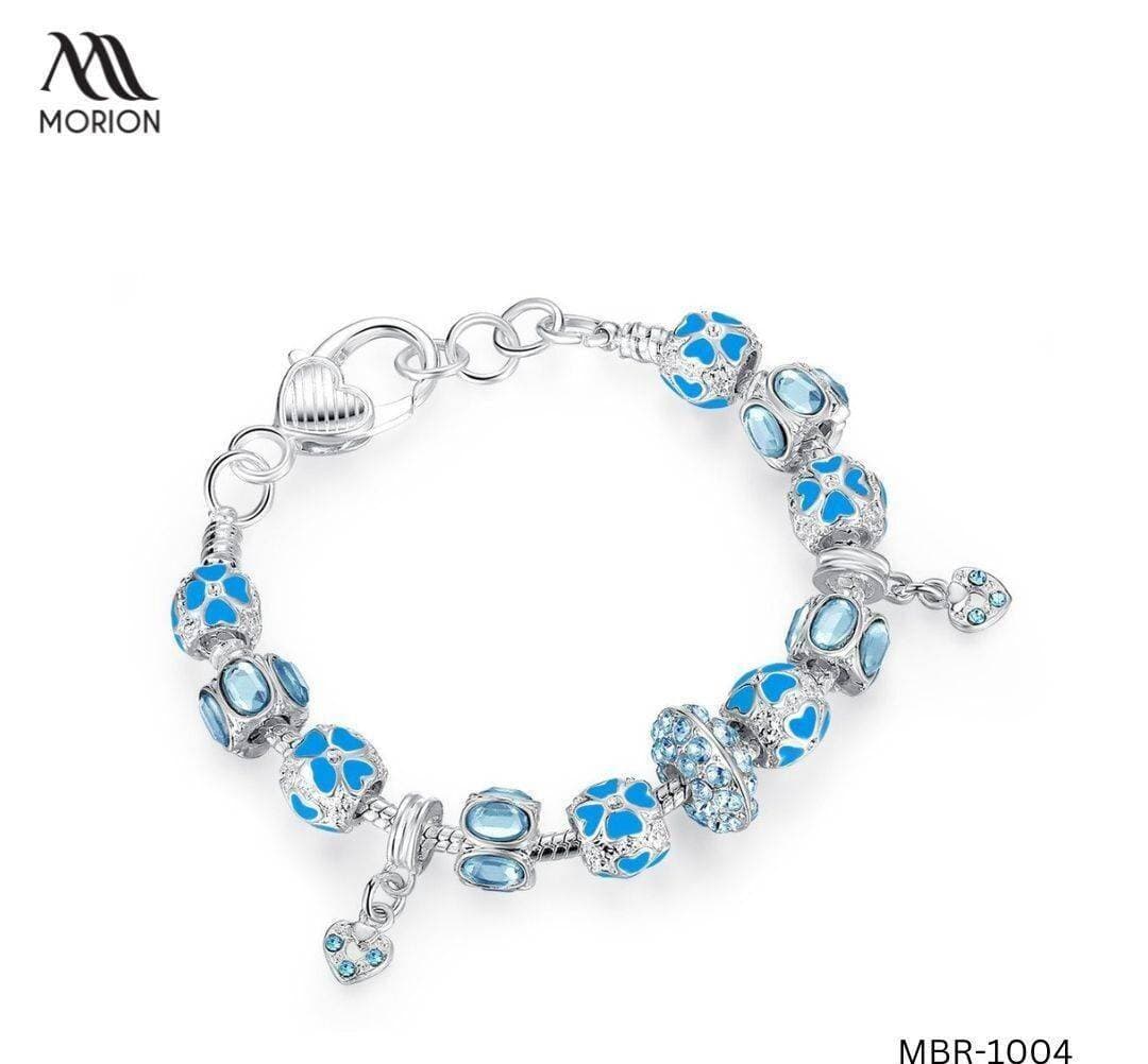Heart Charm Beads Silver Plated Blue Bracelet For Women MBR-1004