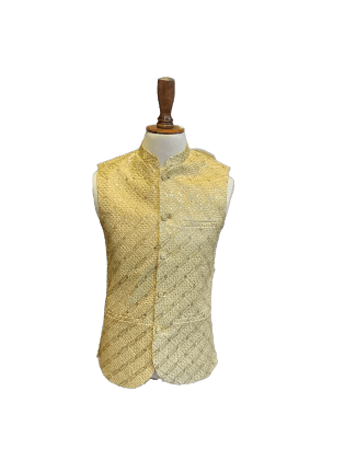 Azlan Shahzad Yellow Sequence Full Front Embroidered Waist Coat For Men